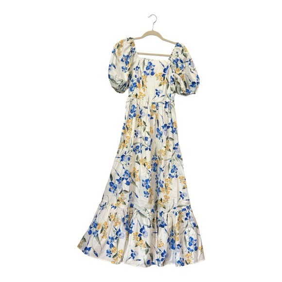 Express Dresses & Skirts - Floral Puff-Sleeve Maxi Dress - White with Blue & Yellow Blooms